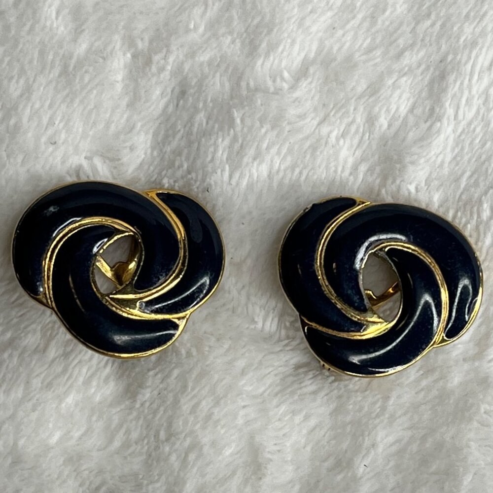 Vintage  Gold & Black Enamel Clip-On Earrings